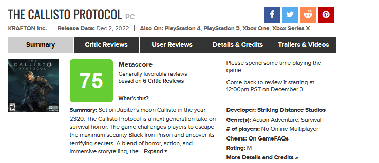 Callisto Protocol en Metacritic - Forocoches